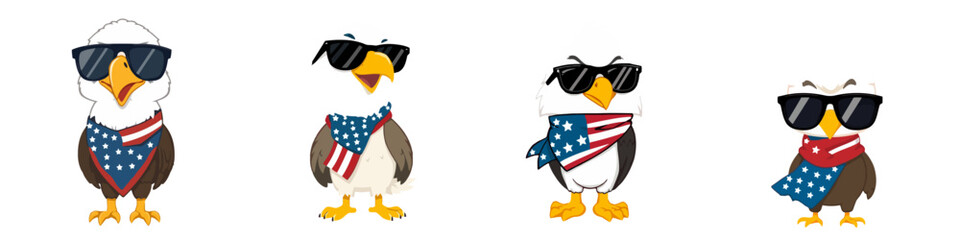Cute Bald Eagle and Penguin Characters Wearing American Flag Scarves and Sunglasses Vector Illustration Set Patriotic USA Animal Mascots