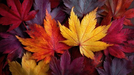 Vibrant autumn leaves in various colors with raindrops, creating a seasonal backdrop