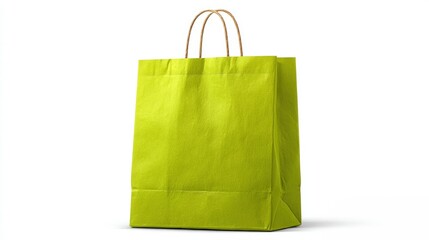 Vibrant green paper shopping bag with handles, isolated on white background, ideal for retail use