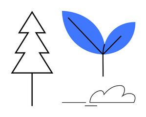 Abstract pine tree, blue leaf stem, cloud outline evoke nature, sustainability, growth, harmony, simplicity. Ideal for environment, ecology renewal peace balance fresh ideas simple flat metaphor