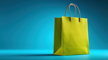 Vibrant green shopping bag on a smooth blue background, showcasing modern retail aesthetics