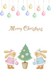 Christmas poster  with cute bunnies in pink and blue coats decorating Christmas trees. Surrounded by colorful ornaments on a white background. Soft pastel colours add a cozy feel.