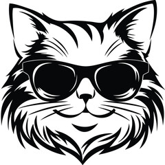 Black fluffy cat face wears sunglasses in a cool and confident style