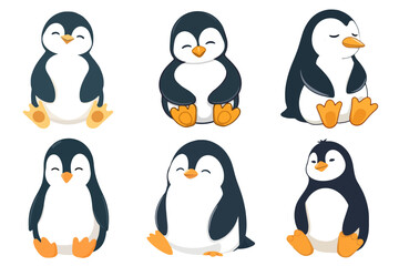 Adorable Flat Design Cartoon Penguins Sitting Poses Animal Character Collection Vector Graphic Illustration Set