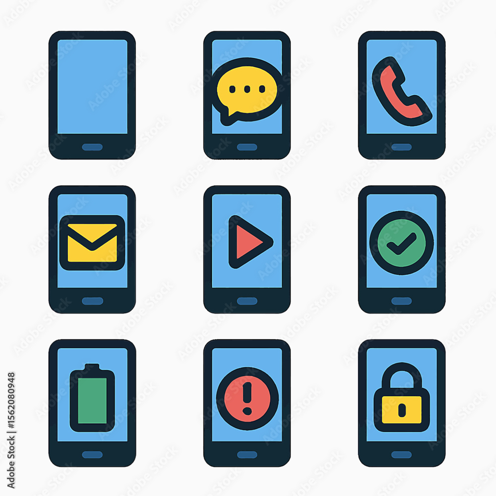 Poster smartphone interface icons display communication and function symbols on blue screens