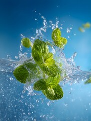 Fresh mint leaves splashing into water against a vibrant blue background