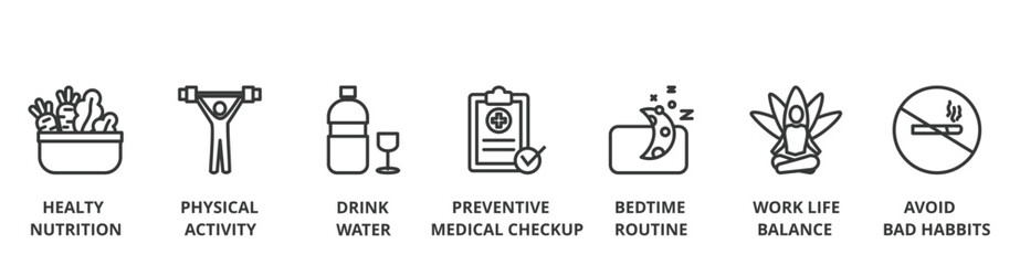 Healthy lifestyle banner vector illustration concept with icon of food, sport, drink water, medical checkup, bedtime, work life and avoid bad habbit