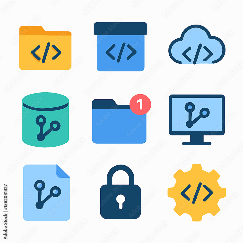 Poster Software development concept featuring coding, database, security, and networking icons