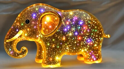 Illuminated golden elephant figurine, embedded with multicolored lights, resembling a starry night sky