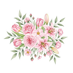 Beautiful watercolor bouquet of pink roses lilies tulips and other floral elements png, transparent cut out social media post ad high quality HD photo, web banner poster.
