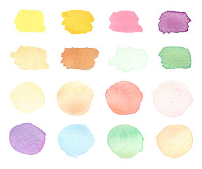 Watercolor colorful brush stains. Pastel colored hand drawn brush strokes set