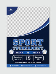 Simple black blue background sports tournament event social media post design template, sport banner with football ball