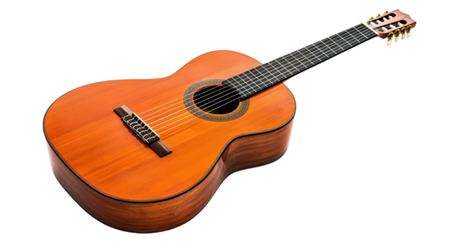 Classic acoustic guitar made of mahogany wood, full body view Transparent background, PNG