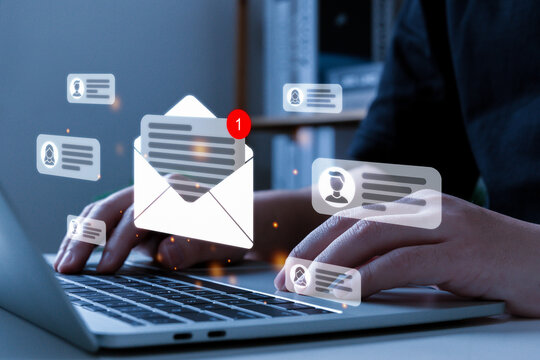 Mail Box. business man hand using laptop computer send mail message, chat message, cyber security, digital marketing, new email notification, business finance, internet network technology concept