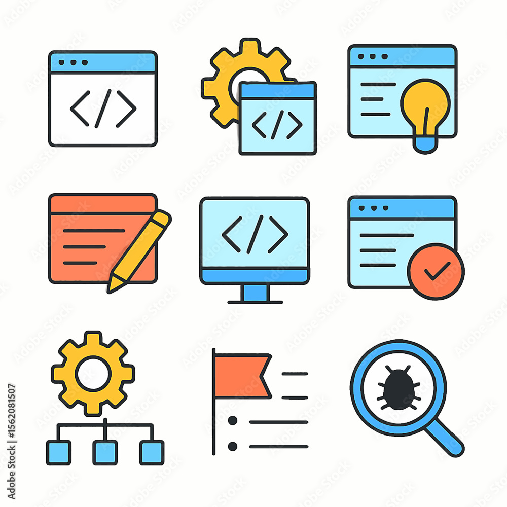 Poster collection of colorful, outlined icons representing web development tools and processes.