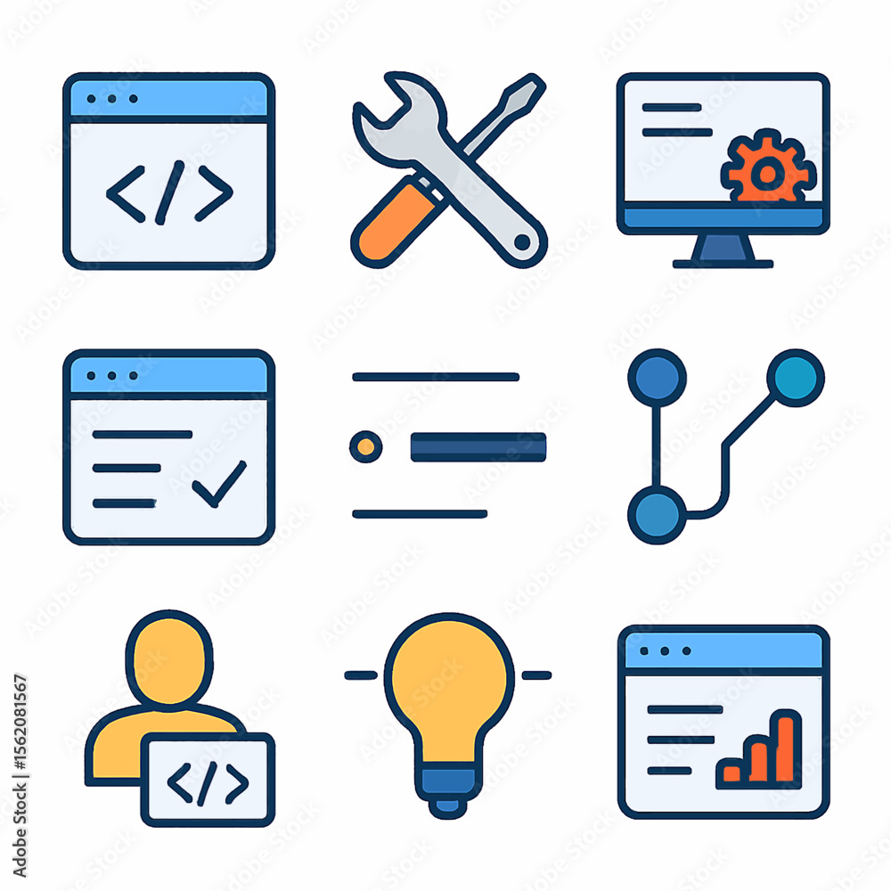 Poster Software development icons representing coding, testing, analysis, and optimization