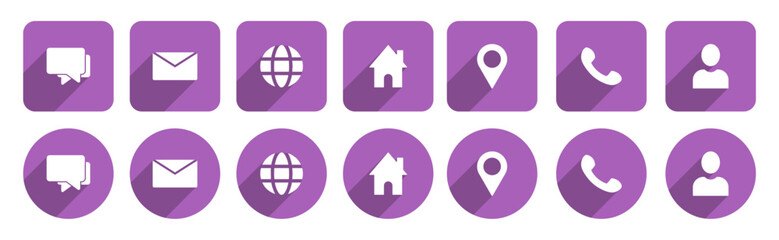 Business card icon set, contact information icons, Vector illustration in purple color on transparent background