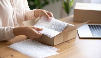 Woman Unpacking Bubble Wrap Package On Wooden Table