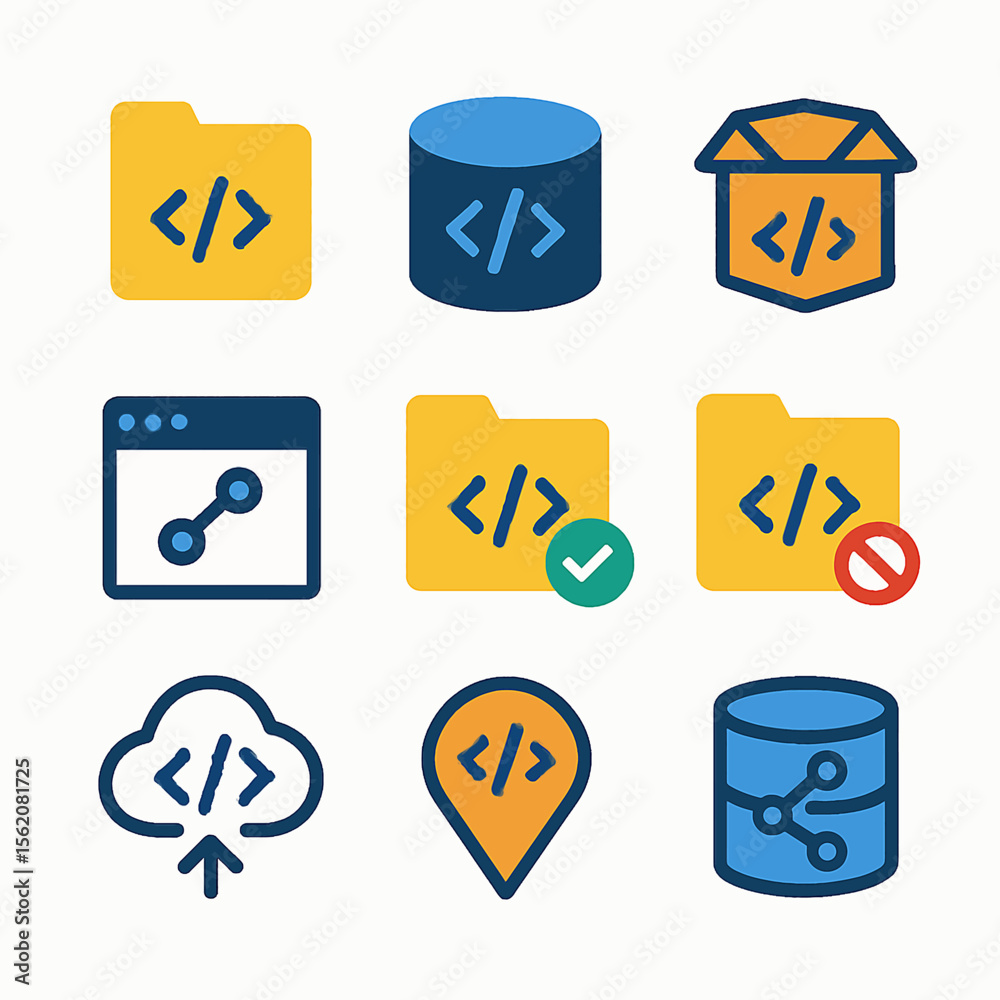 Poster Software development icons showcasing database, folder, cloud and coding elements set on white
