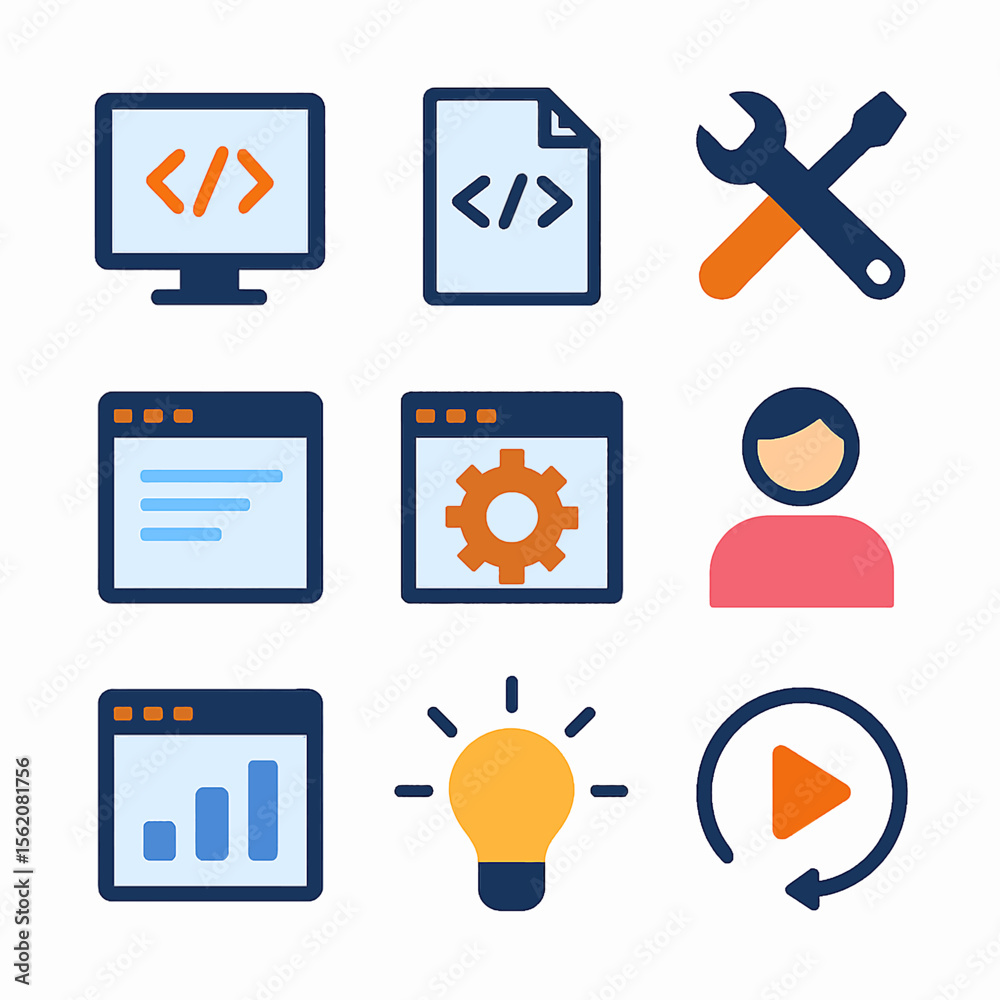 Poster software development process illustration featuring code, settings and user interface icons