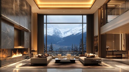 Luxury living room with mountain view.