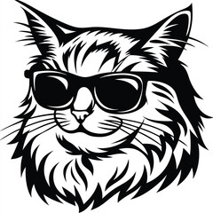 Fluffy cool cat with sunglasses presents a stylized black and white portrait