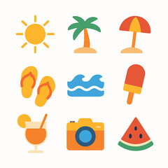 Colorful flat icons depicting summer vacation elements like sun, palm trees, beach umbrellas, and refreshments.