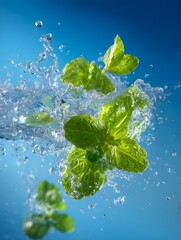 Fresh mint leaves splashing into water against a vibrant blue background