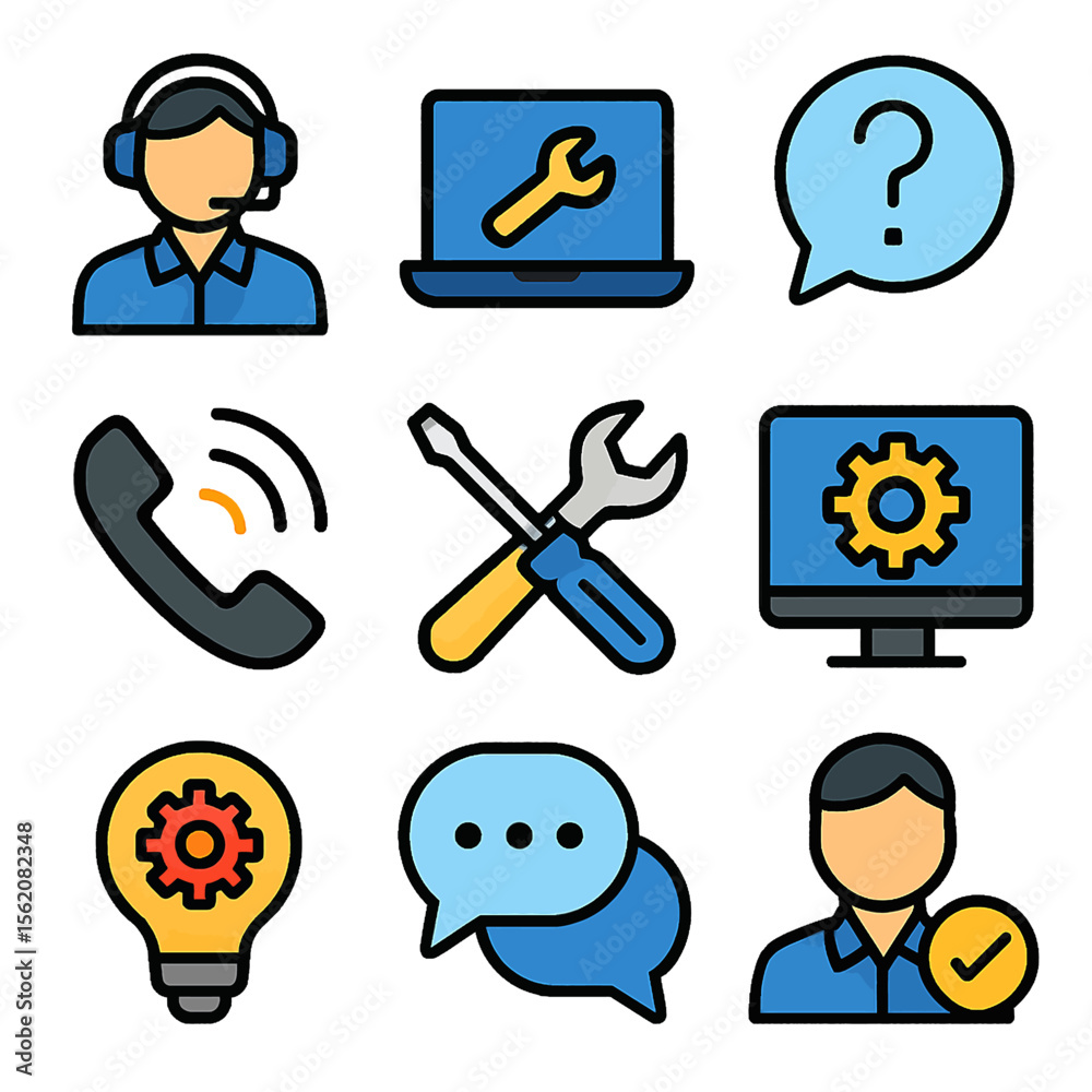 Poster technical support and assistance icons representing customer service and problem solving