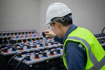 Technician inspects backup battery power system carefully ensuring optimal performance and safety...