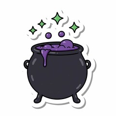 Enchanting Cartoon Witchs Cauldron Bubbly Purple Potion Glowing Green Stars Sticker Style Illustration.