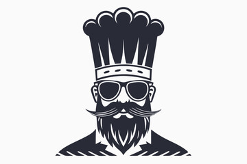 Cool chef with beard wearing sunglasses and tall hat is ready to cook
