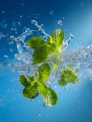 Fresh mint leaves splashing in water against a vibrant blue background