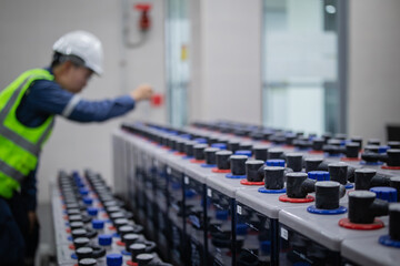 Technician inspects backup battery power system in industrial setting ensuring reliable energy...