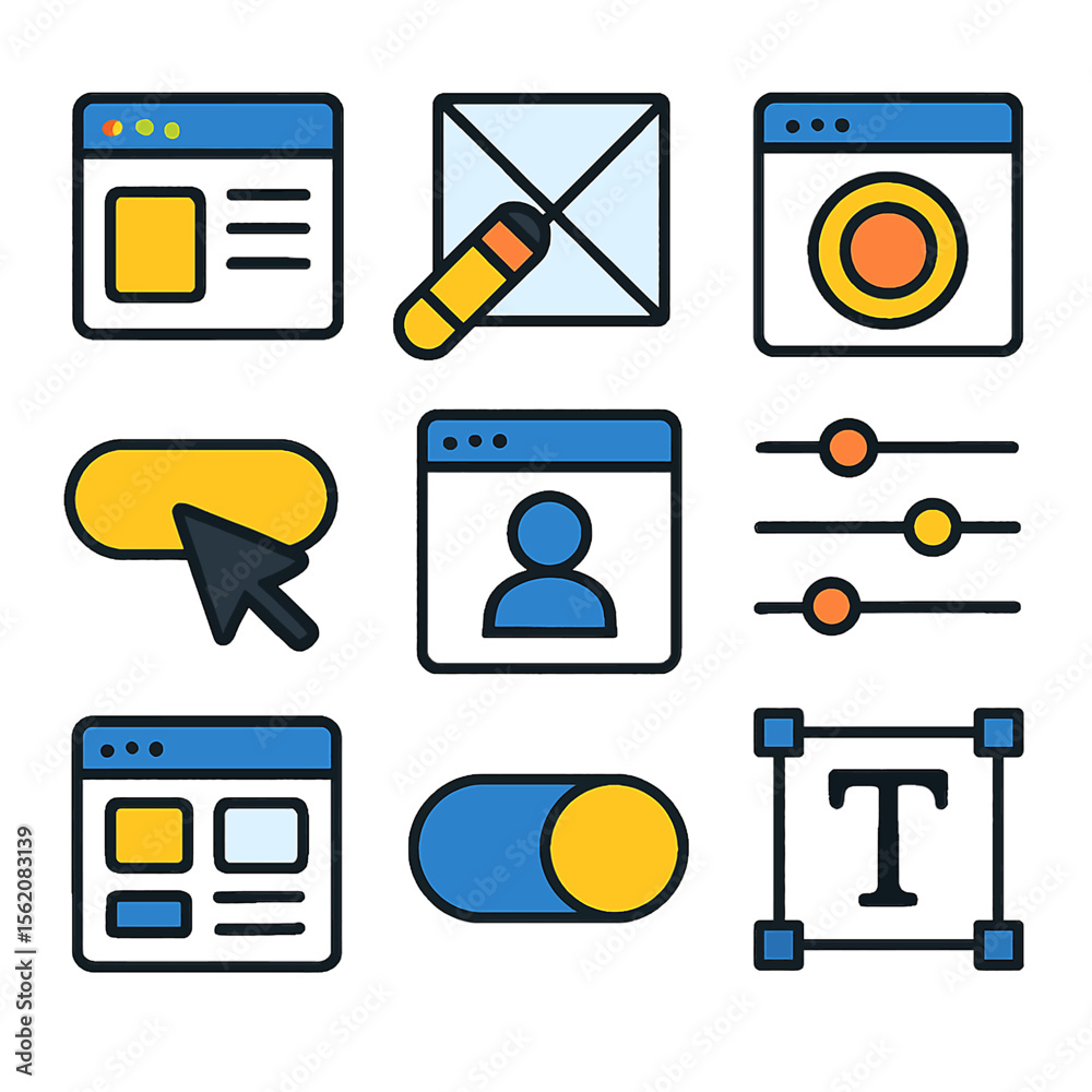 Poster user interface design elements depicting website settings and customization features