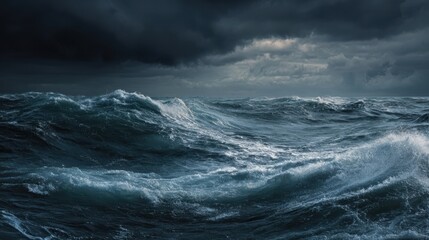Fototapeta premium The turbulent ocean waves under a dramatic stormy sky.