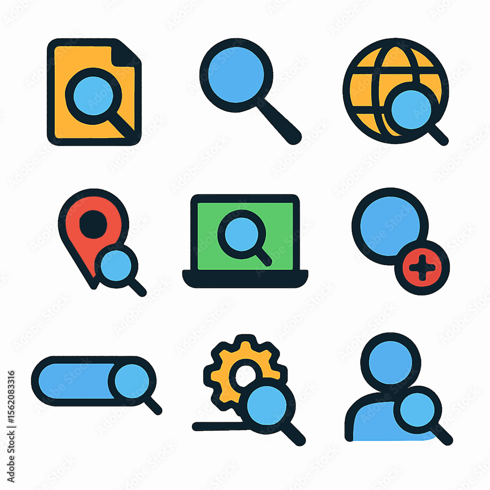 Poster vector icons depicting search functionality with magnifier and various symbols