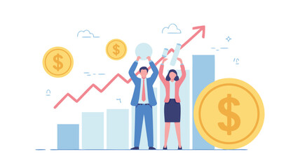 Team Celebrating Financial Success with Growing Bar Graph, Arrow, and Dollar Coins Illustration