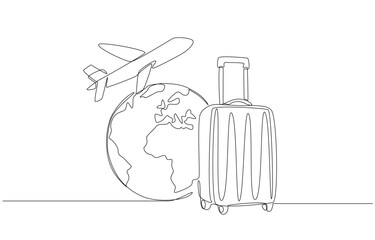 Continuous one line drawing of wheeled travel bag, plane, and earth globe, traveling around the world concept, single line art