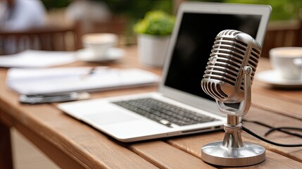 Silver microphone stands on a table, symbolizing podcasting with a laptop in the background against a minimal white backdrop