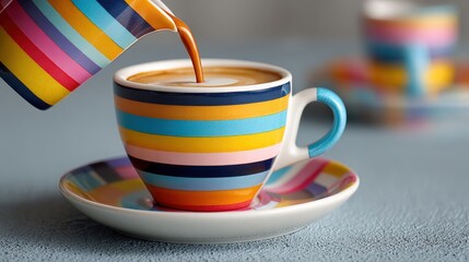 Vibrant striped coffee cup being filled with espresso on a textured surface with blurred background