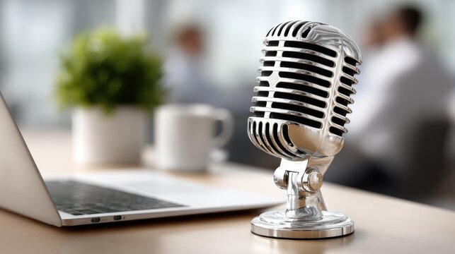Silver microphone stands on a table, symbolizing podcasting with a laptop in the background against a minimal white backdrop - Powered by Adobe