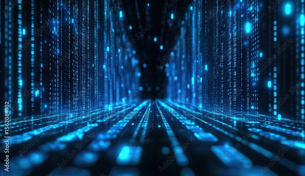 Poster a futuristic digital tunnel filled with glowing blue binary code, symbolizing data flow and cybersec