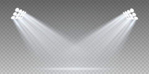 Luxury spotlight rays on dark stage with glitter and glow. Blue and white beam effect on vector background. Abstract studio, podium or club scene with LED illumination and fantasy atmosphere.