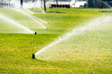 automatic lawn watering in summer in hot weather. Water splashes on the green grass in both...