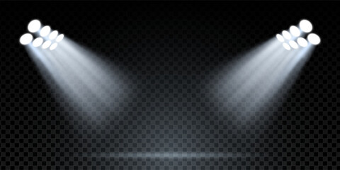 Stage spotlight beam with blue and white glow. Vector disco or concert scene with glitter, illumination and dark club background. Abstract night show with LED rays and fantasy sparkle effect. © Azat Valeev