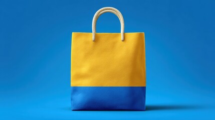 Vibrant yellow and blue shopping bag against a solid blue background, ideal for retail promotions