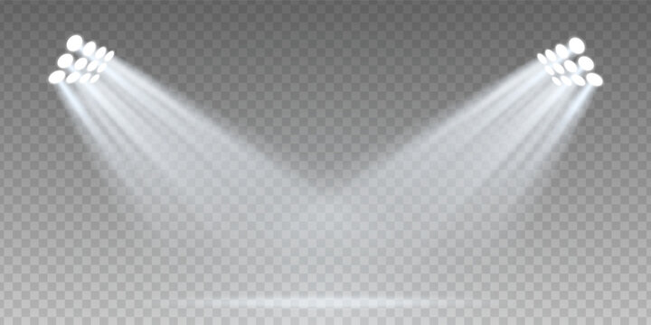 Luxury spotlight rays on dark stage with glitter and glow. Blue and white beam effect on vector background. Abstract studio, podium or club scene with LED illumination and fantasy atmosphere.