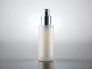 A sleek white cosmetic bottle with a silver pump top isolated on white background