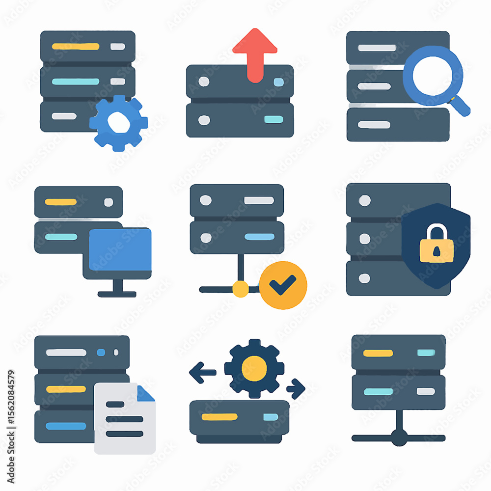 Poster vector illustration showing various server database configurations and management